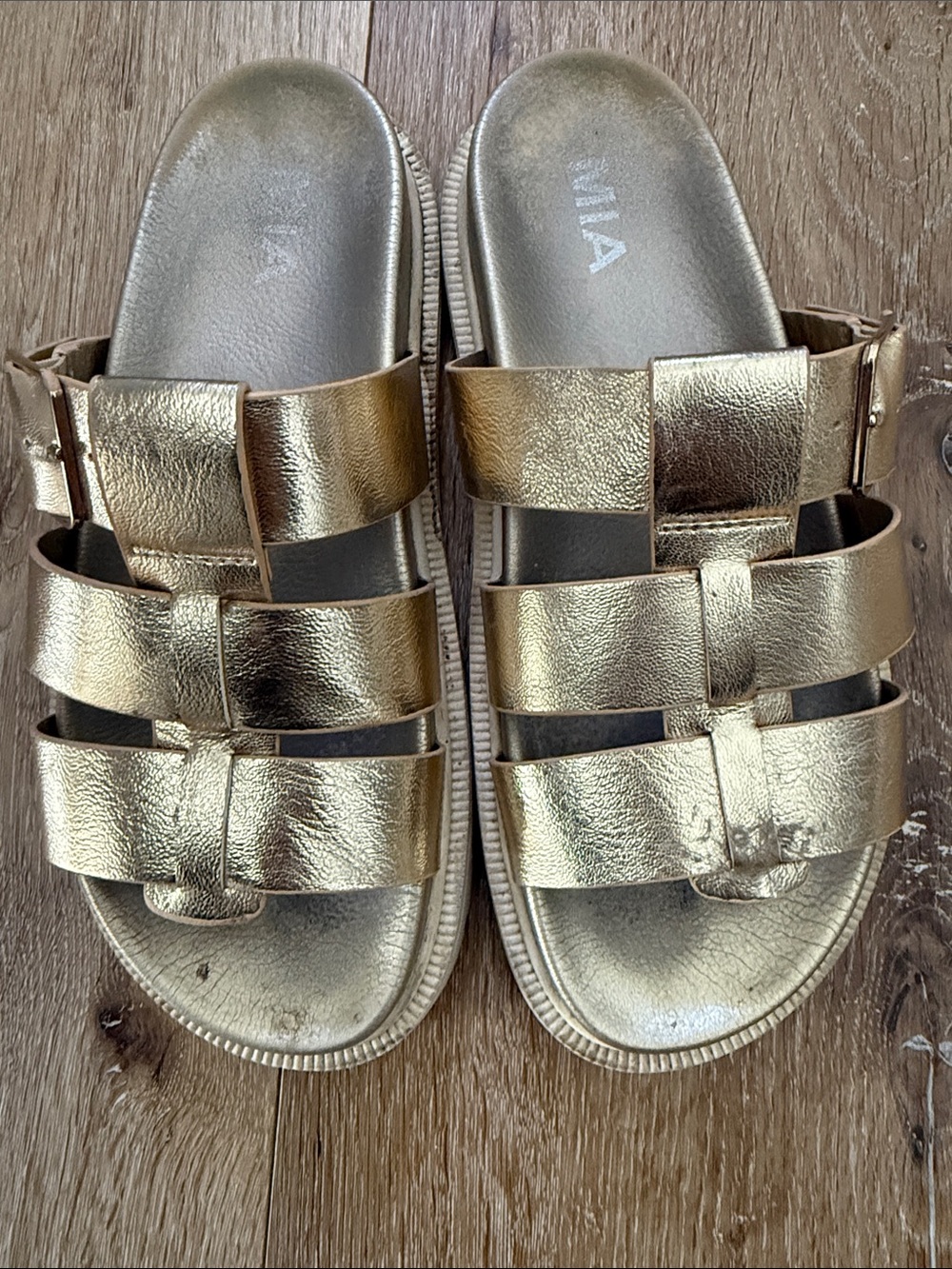 MIA Gold Metallic Woven Strap Slide Sandals
